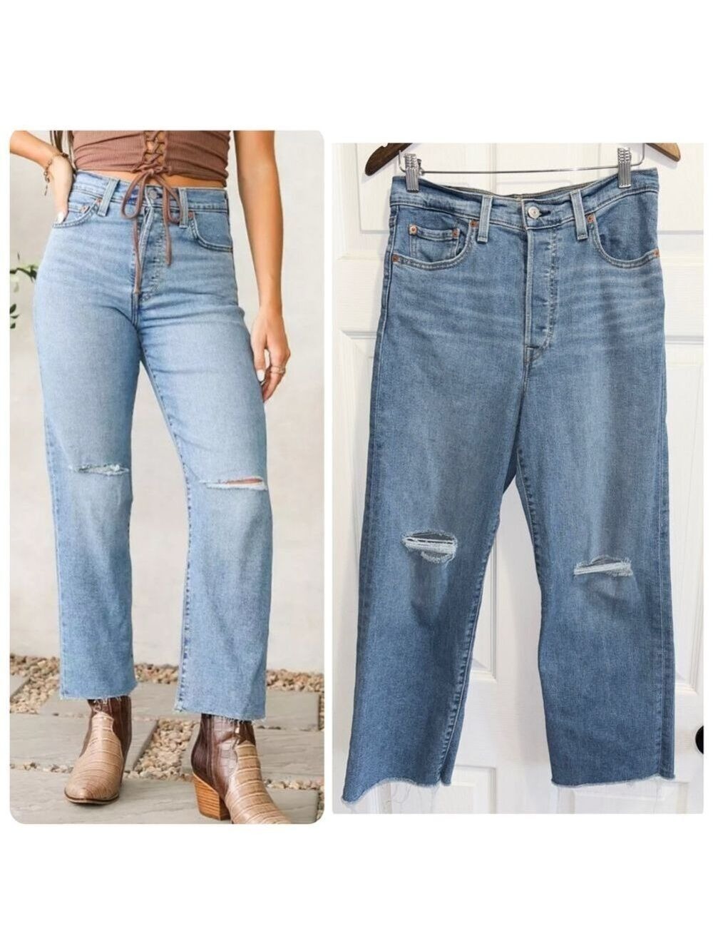 LEVI'S Ribcage Straight Ankle High Waist Jeans Distressed Raw Hem Fall Trip 28